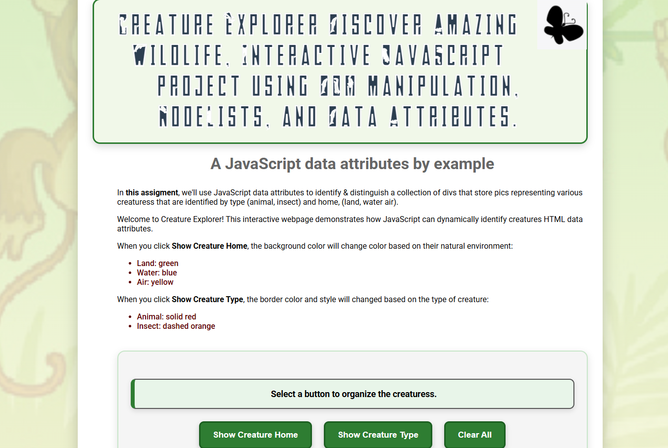 CREATURESS JavaScript project screenshot